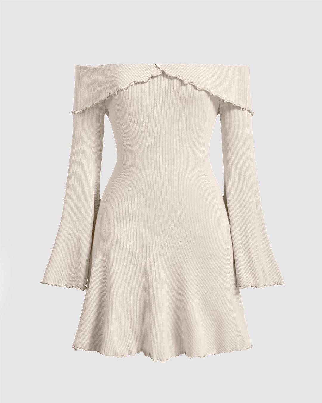 off the shoulder lettuce dress Senorita Off-Shoulder Lettuce Edge Detail Ruched Mini Dress Hot Pink