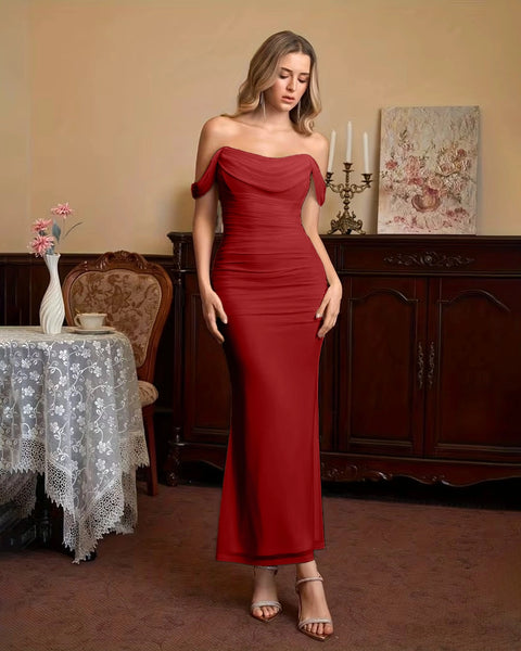Off Shoulder Mermaid Slim Fit Straight Hem Solid Midi Dress in Scarlet Red Front View for Women | Littlebox India 