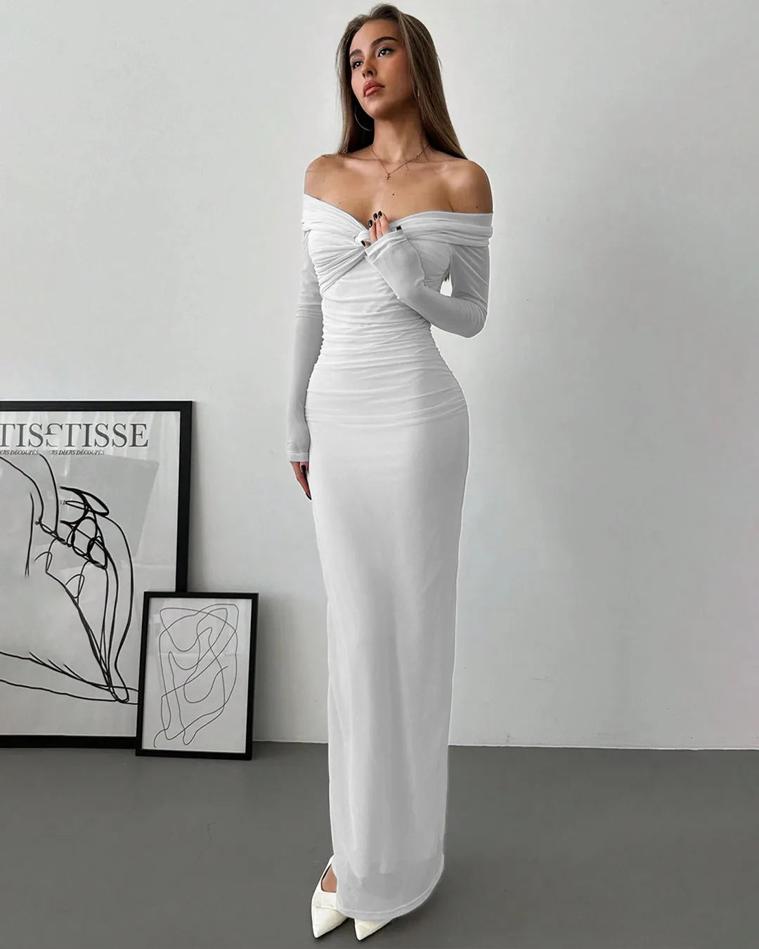 Off Shoulder Mesh Ruched Fitted Dress With Long Sleeve