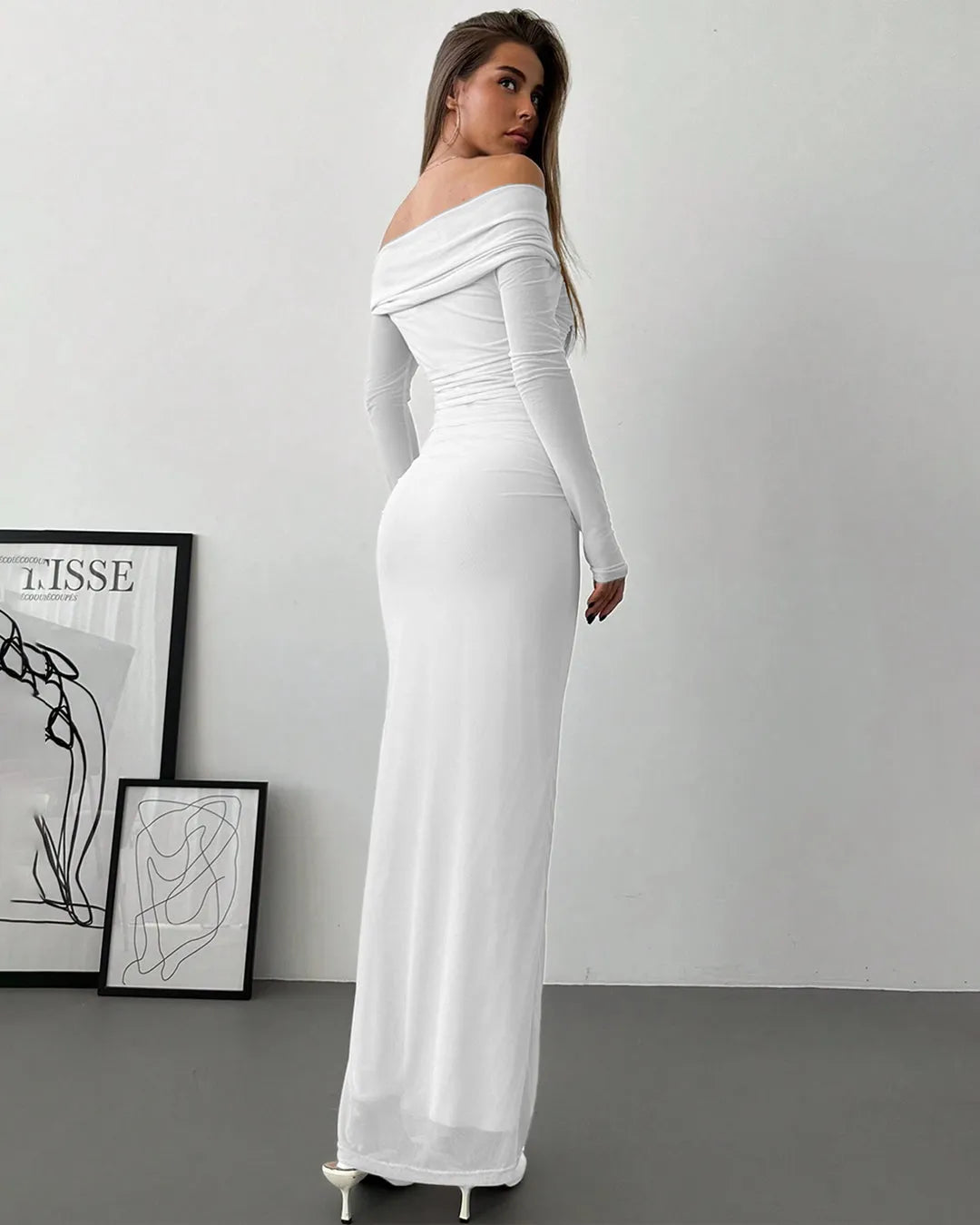 Off Shoulder Mesh Ruched Fitted Dress With Long Sleeve