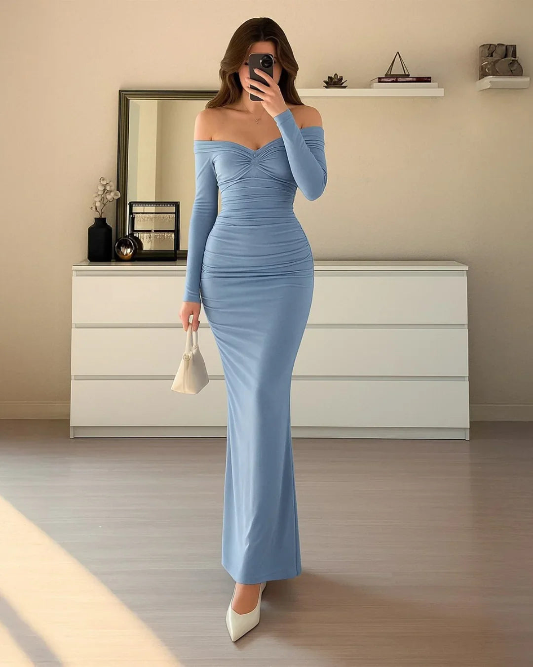 princess polly baby blue dress Off Shoulder Ruched Fitted Dress In Dusty Blue
