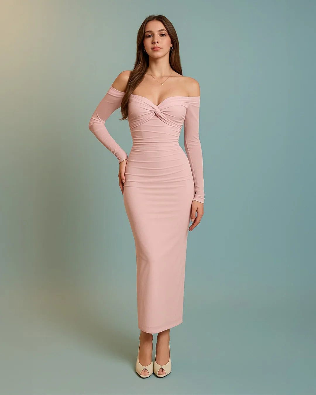 Pastel Pink Long Sleeve Bodycon Cocktail Dress Ruched Dress With