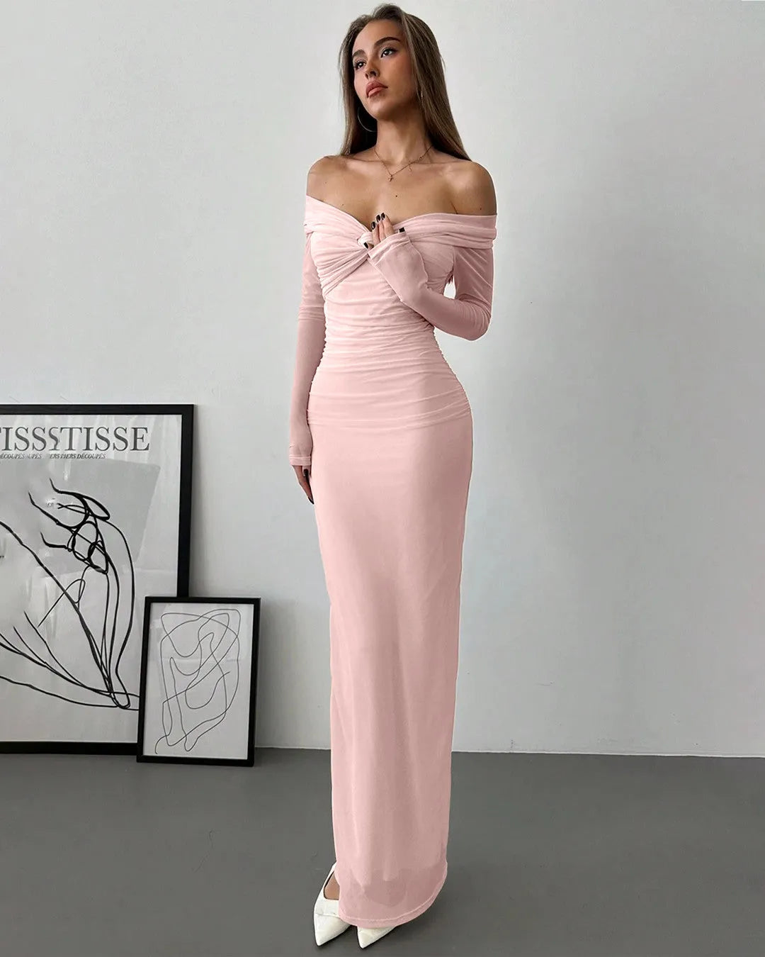 Off Shoulder Mesh Ruched Fitted Dress With Long Sleeve In Light Pink