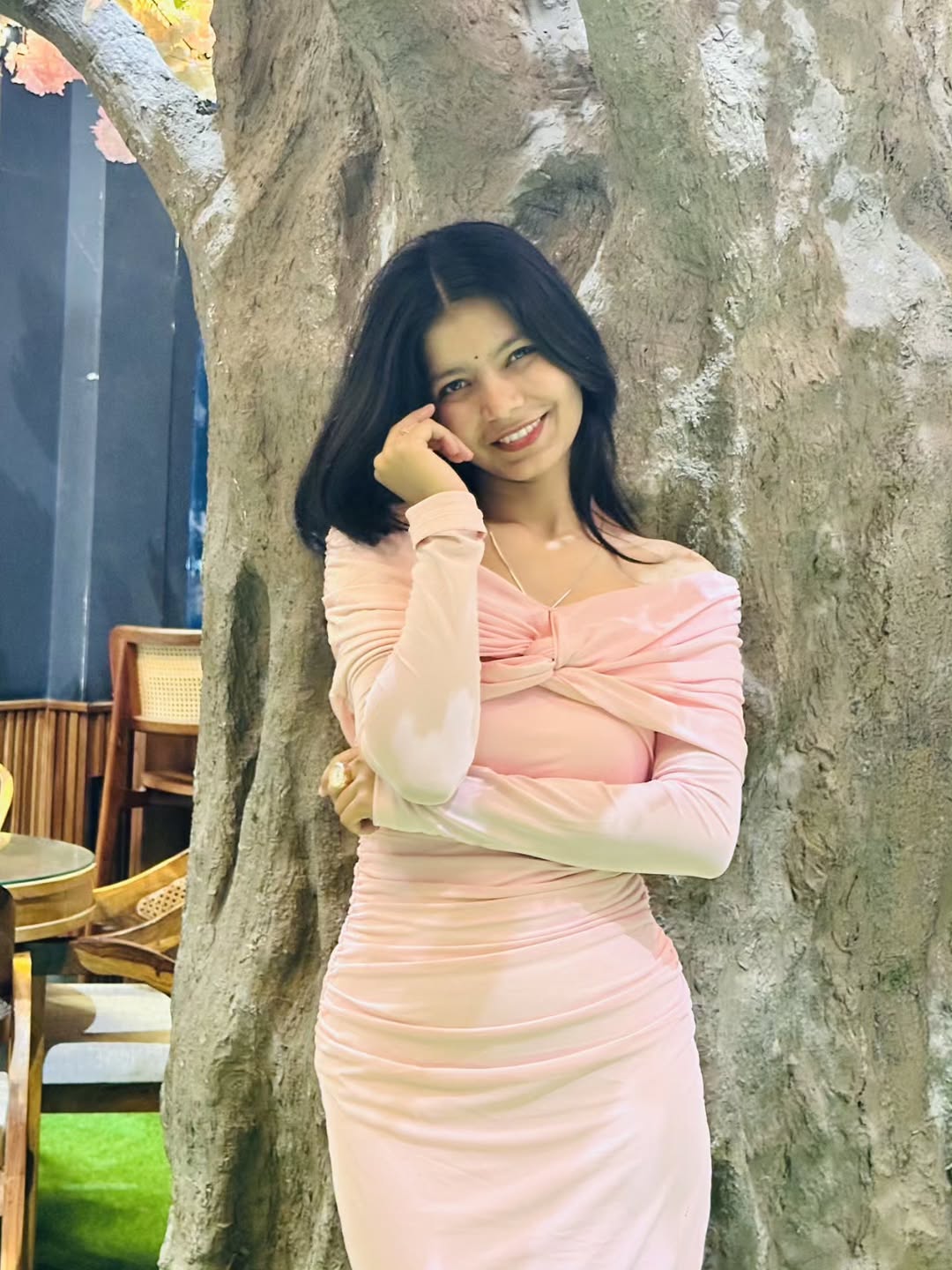 Customer photo 1 of Off Shoulder Mesh Ruched Fitted Dress With Long Sleeve In Light Pink