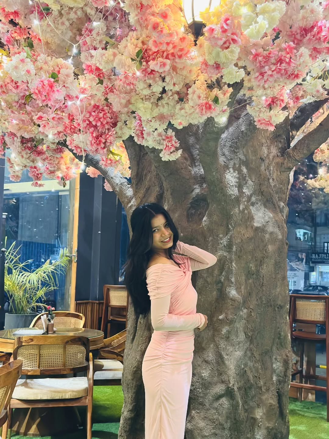 Customer photo 2 of Off Shoulder Mesh Ruched Fitted Dress With Long Sleeve In Light Pink