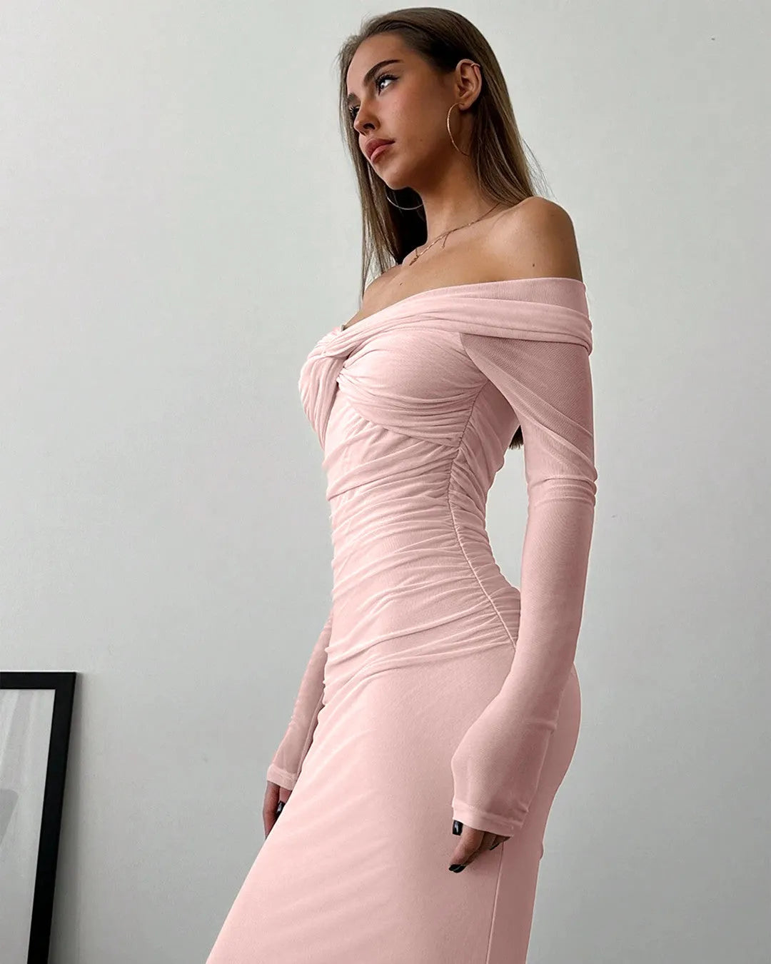 Ruched Dress With Long Sleeve In Light Pink - Littlebox India Ruched Dress With Long Sleeve In Light Pink - Littlebox India