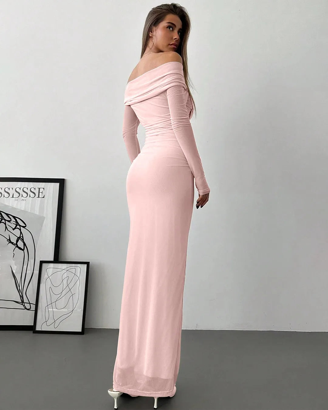Ruched Dress With Long Sleeve In Light Pink