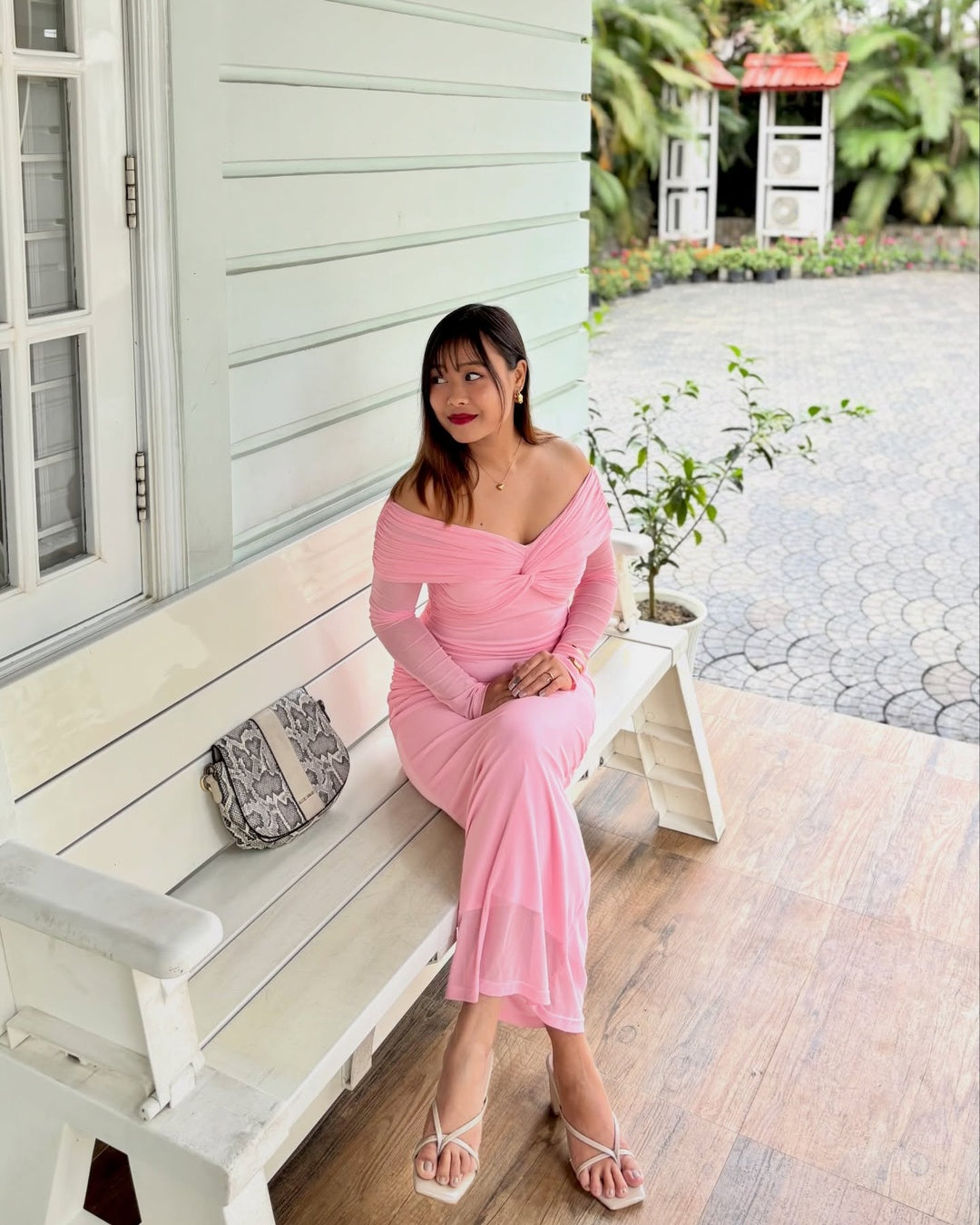 pink long sleeve off the shoulder dress Ruched With In Light Length from bust to girl black pink dress Size:S/M 4-8 Summer Dresses Big W