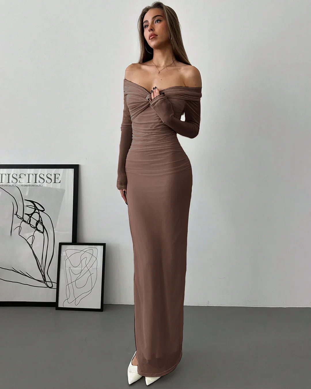 Off Shoulder Mesh Ruched Fitted Dress With Long Sleeve in Coco