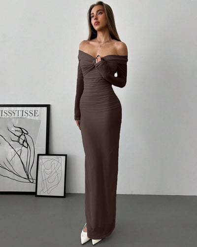 Off Shoulder Mesh Ruched Fitted Dress With Long Sleeve in Coco Front View for Women | Littlebox India 