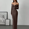 Off Shoulder Mesh Ruched Fitted Dress With Long Sleeve in Coco