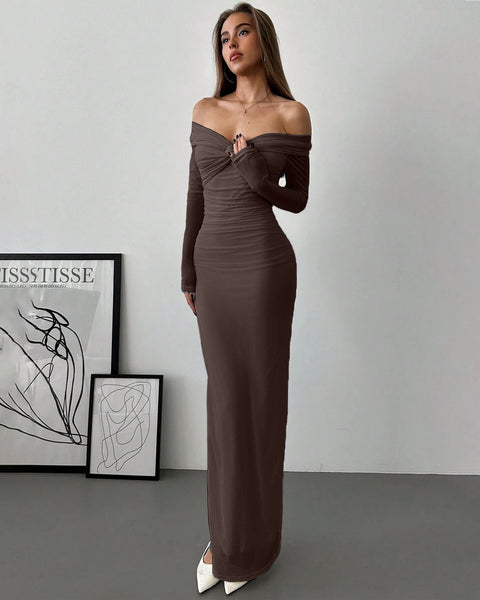 Off Shoulder Mesh Ruched Fitted Dress With Long Sleeve in Coco