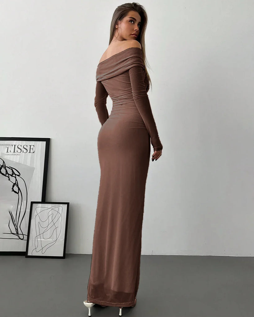 Back view of a  brown off-the-shoulder dress with long sleeves, featuring a ruched and fitted design.