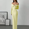 Off Shoulder Mesh Ruched Fitted Dress With Long Sleeve in French Vanilla Front View for Women | Littlebox India