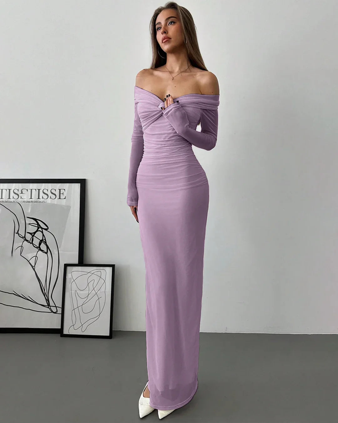 Off Shoulder Mesh Fitted Dress in Lilac Littlebox India