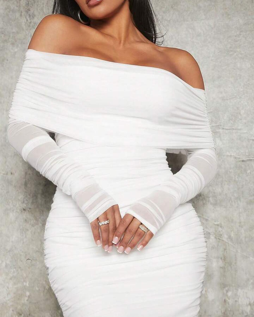 white off the shoulder bodycon dress 011901 Fashion Women Spring Off Shoulder Pleated Sexy... From Trendy66,  $21.71