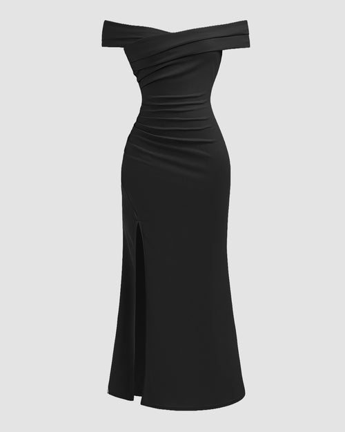 Front view of black off the shoulder dress with ruched bodycon fit, elegant midi length and sleek evening silhouette
