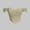 Off-shoulder green mesh top featuring a stylish ruched neckline