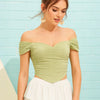 Off Shoulder Ruched Textured Solid Crop Top in Green On Model For Women | Littlebox India