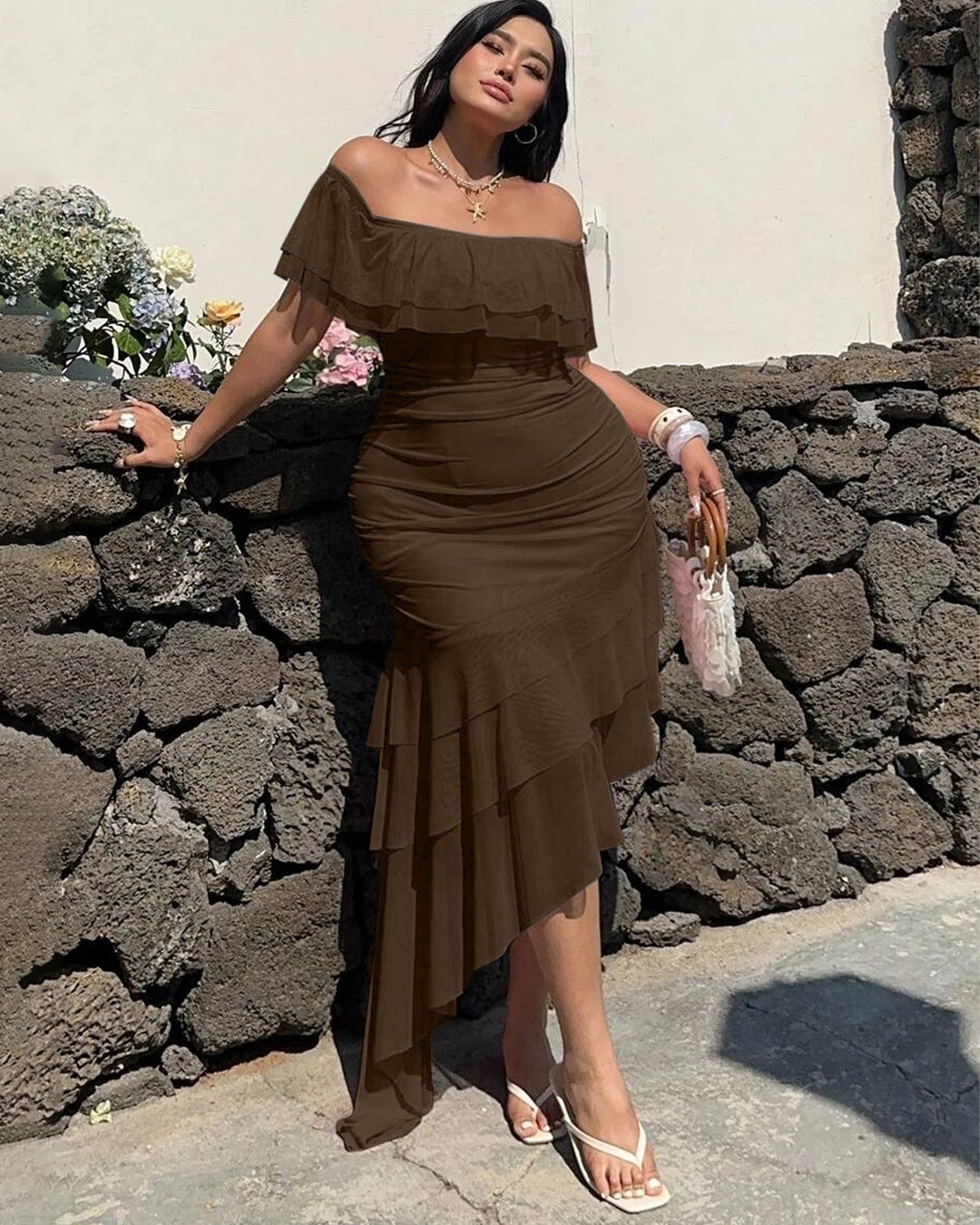 dress with asymmetrical hem Off Shoulder Ruffle Mesh Curve & Plus in Coco- Littlebox India Size:Belt- 40 shoulder style Ankle Length Pants | Akira