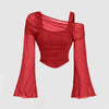 Front view of Red off-shoulder crop top with sheer long sleeves, featuring a stylish mesh design for a modern look