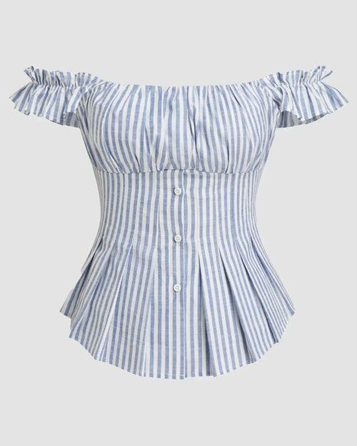 Front view of Striped off shoulder button down top with ruffle neckline, fitted waist shape, and lightweight breathable cotton fabric