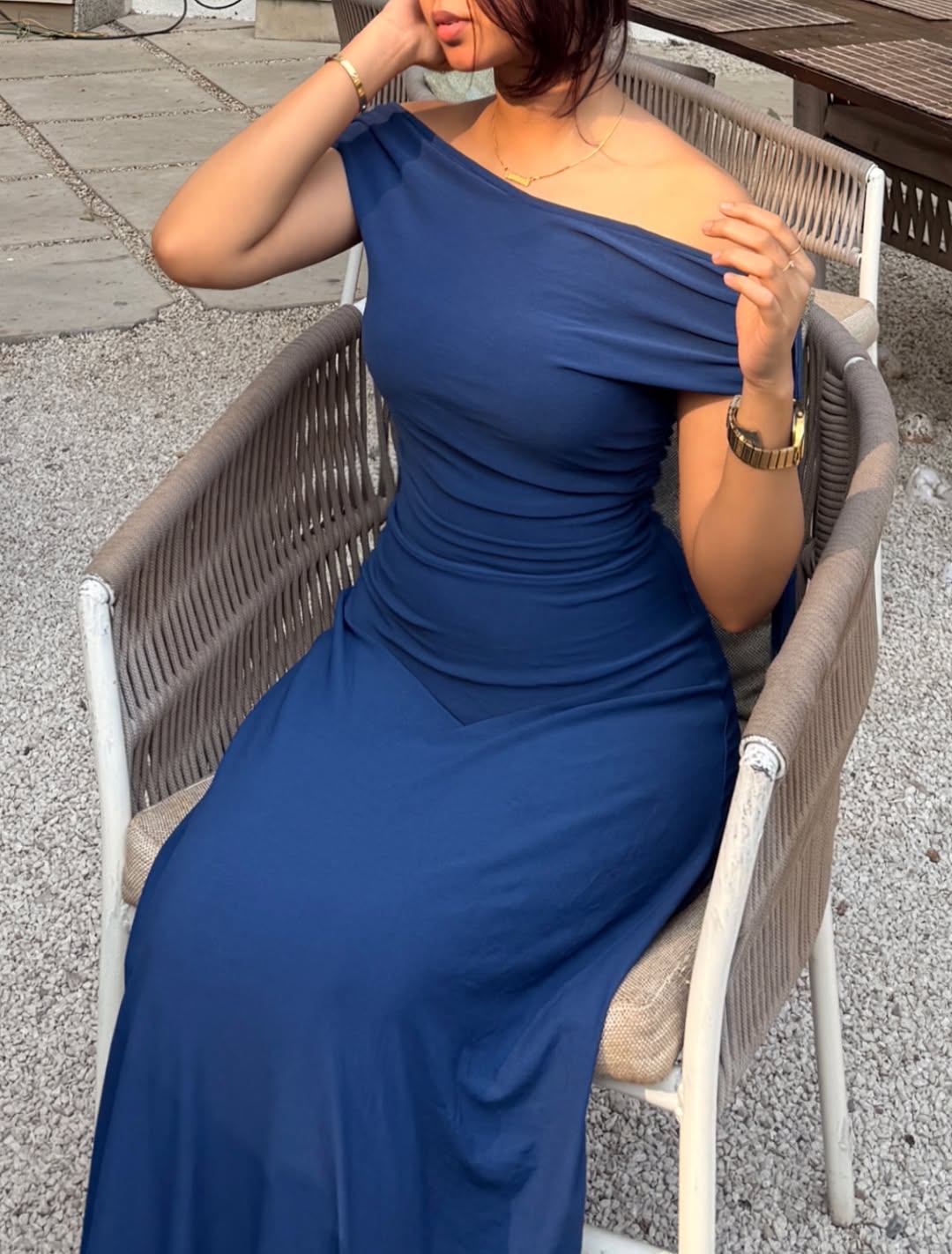 Customer photo 2 of Off Shoulder Tie Up Fitted Long Dress in Navy Blue
