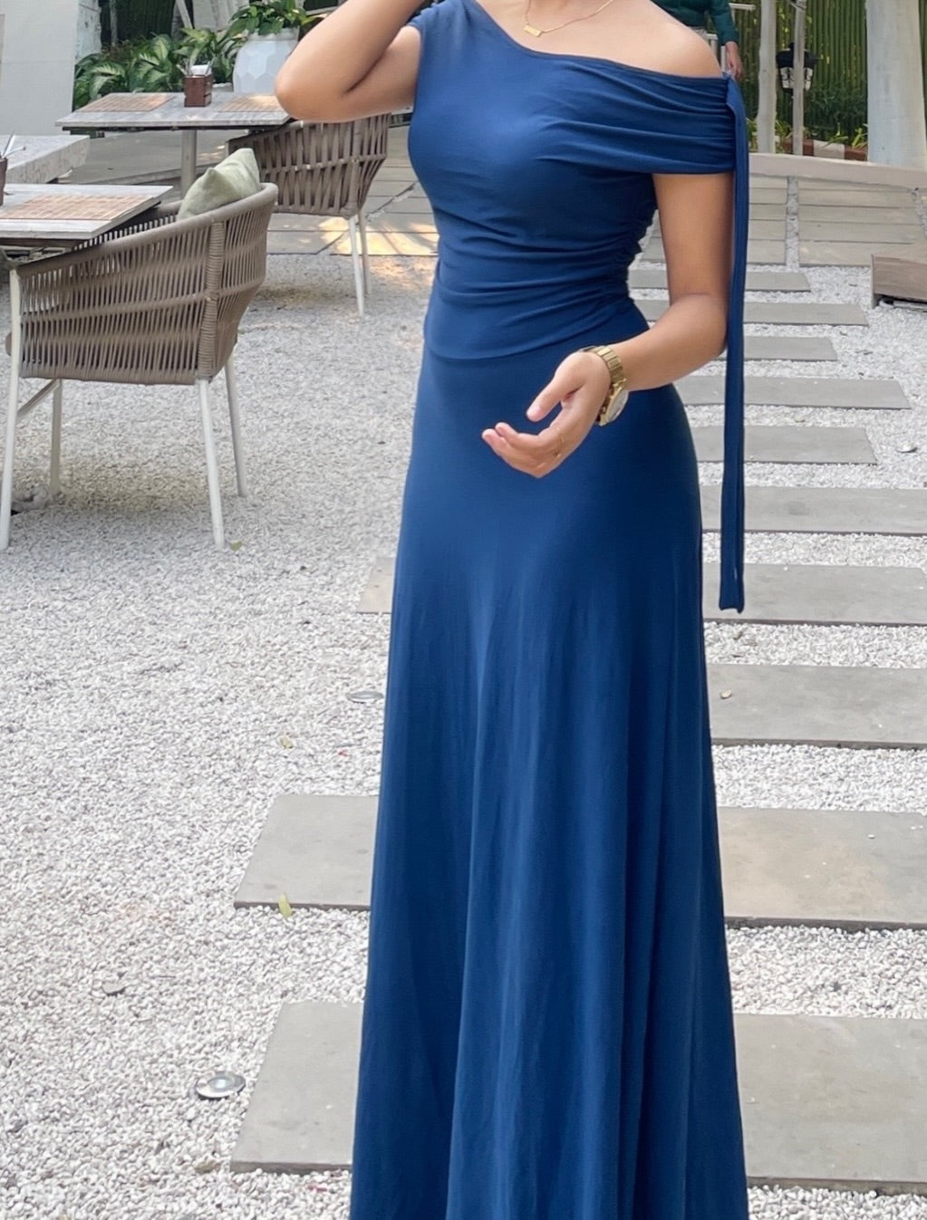 Off Shoulder Tie Up Fitted Long Dress in Navy Blue - Littlebox India Off Shoulder Tie Up Fitted Long Dress in Navy Blue - Littlebox India