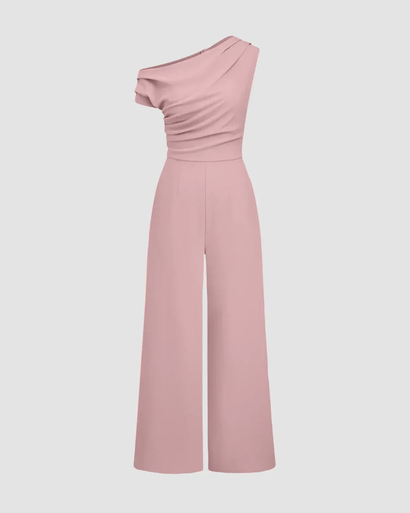 One-shoulder dusty pink jumpsuit with draped design and wide legs, showcasing a stylish and elegant silhouette.