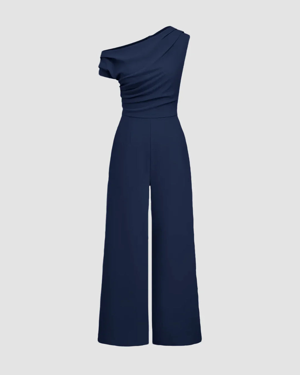 One-Shoulder Draped Wide-Leg Jumpsuit in Navy Blue