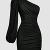 One-shoulder black mini dress featuring ruched fabric and an asymmetrical design, perfect for a stylish evening look.
