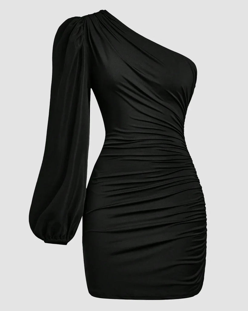 One-shoulder black mini dress featuring ruched fabric and an asymmetrical design, perfect for a stylish evening look.
