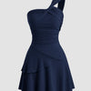 One Shoulder Asymmetrical Mini Dress in Navy Blue Front View for Women | Littlebox India