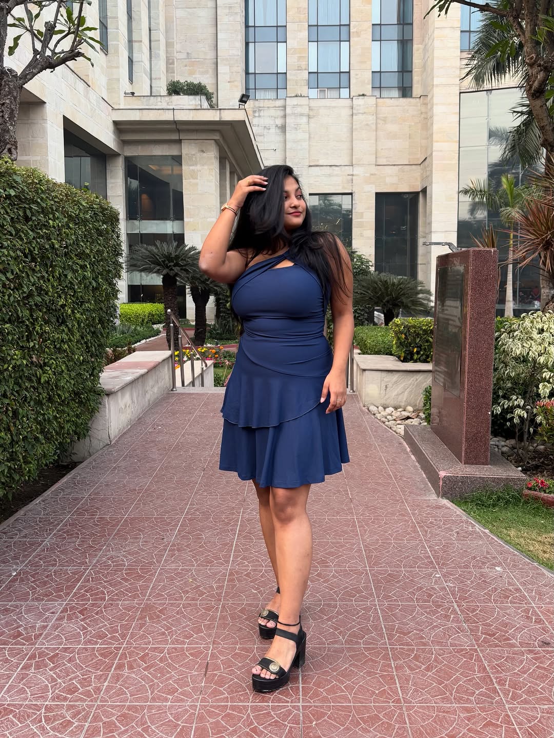 Customer photo 2 of One Shoulder Asymmetrical Mini Dress in Navy Blue