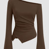 Brown asymmetrical shoulder top with ruched design and full sleeve, showcasing a stylish and modern silhouette.