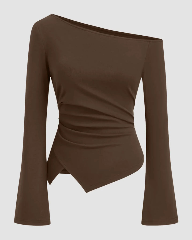 Brown asymmetrical shoulder top with ruched design and full sleeve, showcasing a stylish and modern silhouette.