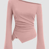 Pink asymmetrical shoulder top with ruched design and full sleeve, styled in a rose color.