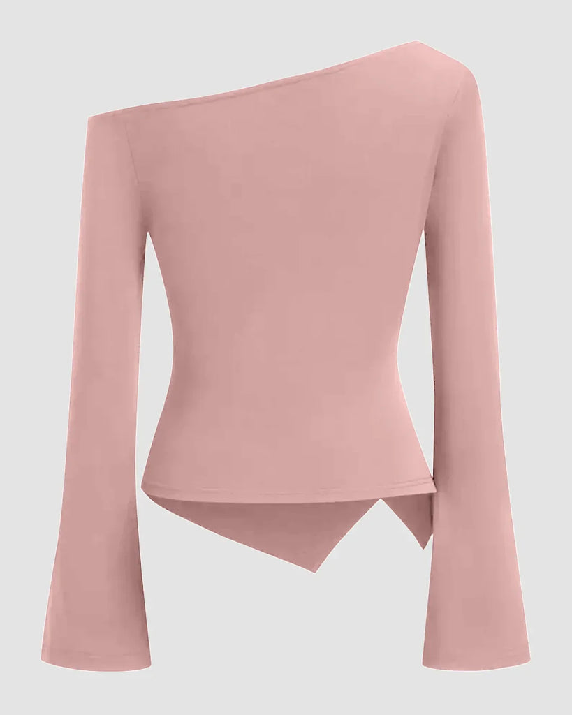 Back view of a Pink asymmetrical shoulder top with ruched design and full sleeve, styled in a rose color.