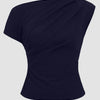 One Shoulder Ruched Asymmetrical Top in Dark Navy Blue Front View For Women | Littlebox India