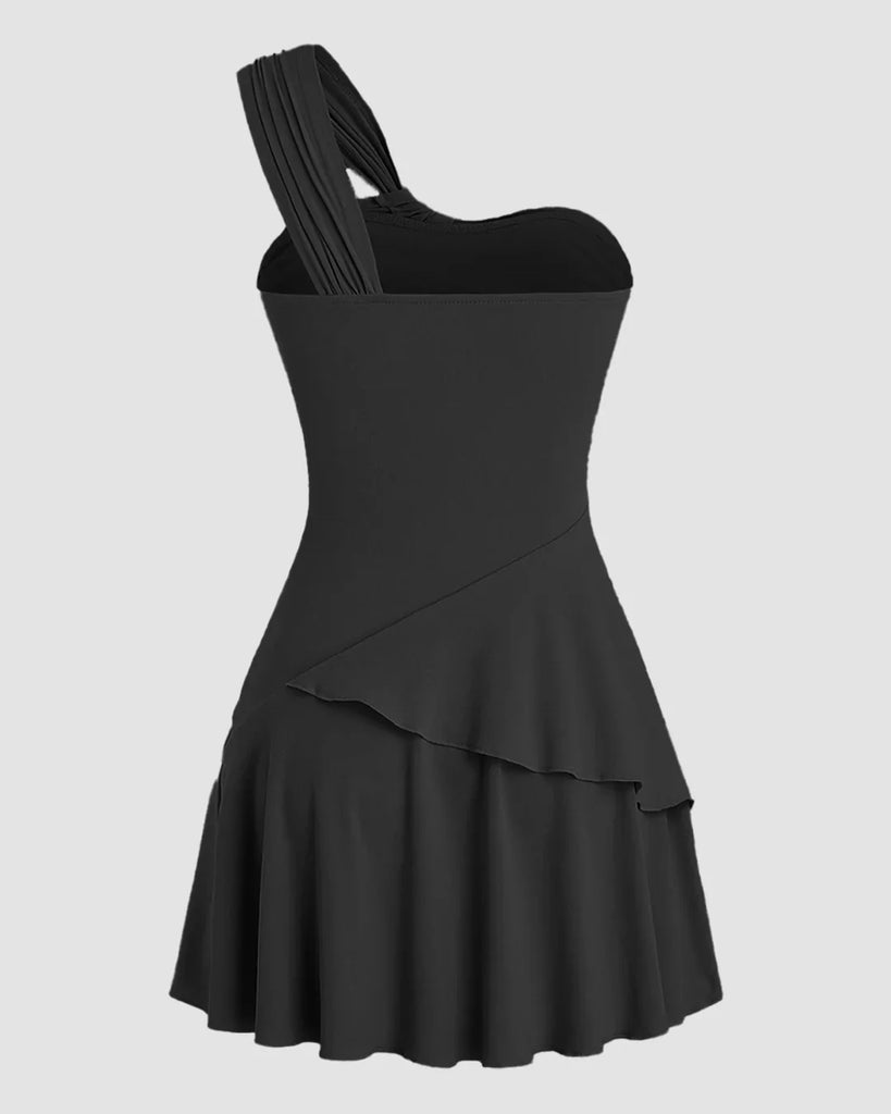 Back view of a black one-shoulder mini dress featuring ruched layered design, elegantly showcasing a modern and stylish silhouette.