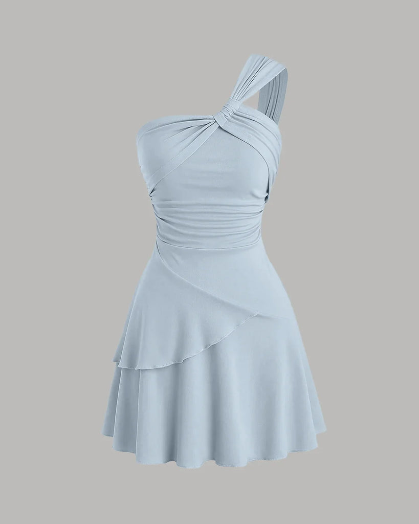 Ice blue one-shoulder mini dress with ruched bodice and layered hem, perfect for a night out or special occasions.