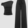 One Shoulder Ruched Top & Wide-Leg Trousers Co-ords Set in Black Front View For Women | Littlebox India