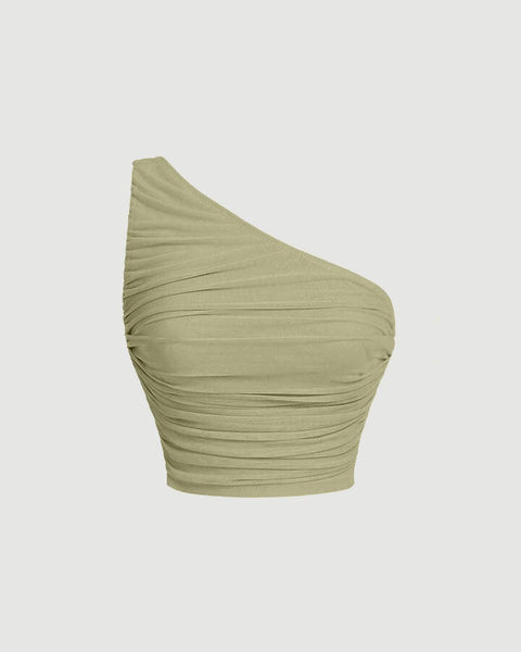 Sage green one-shoulder crop top with a ruched waist and slim fit, made from lightweight mesh fabric.