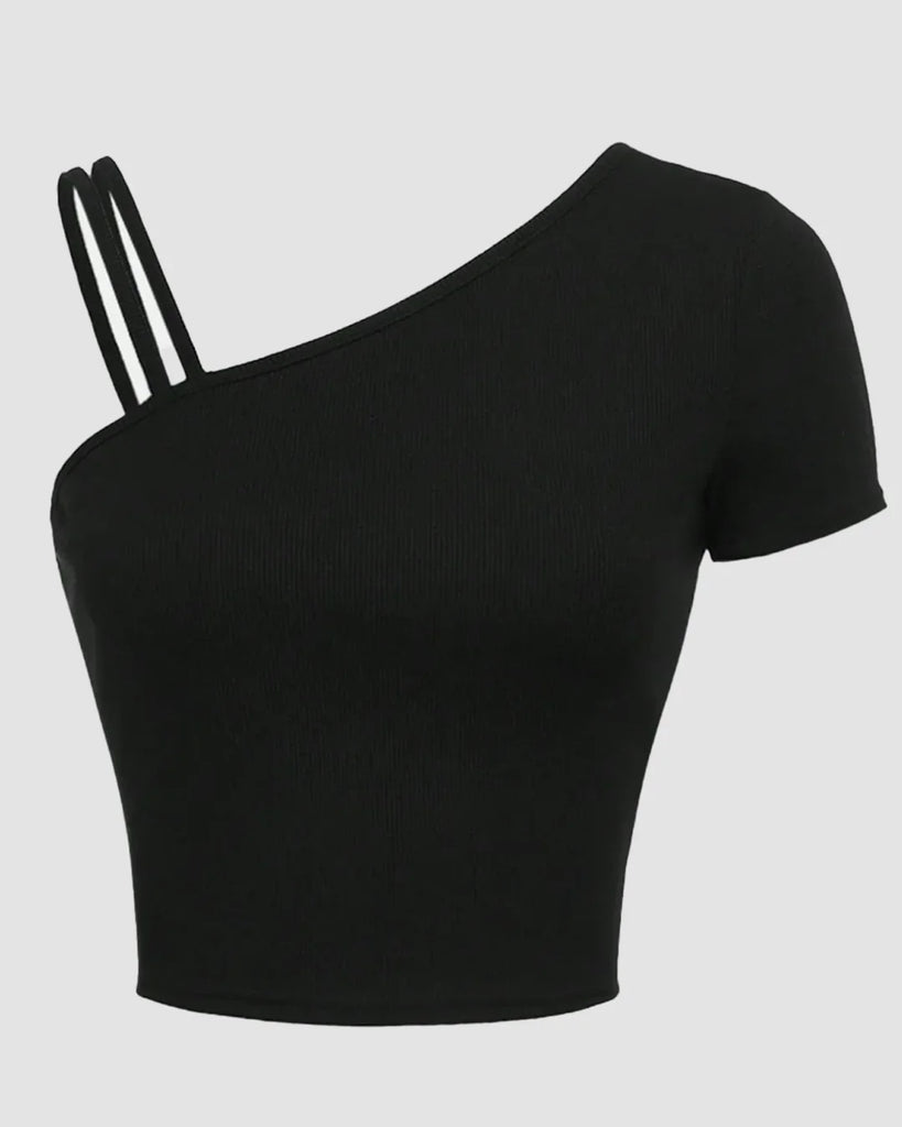 Black asymmetrical crop top with one shoulder strap, crafted from soft material for comfort and style.
