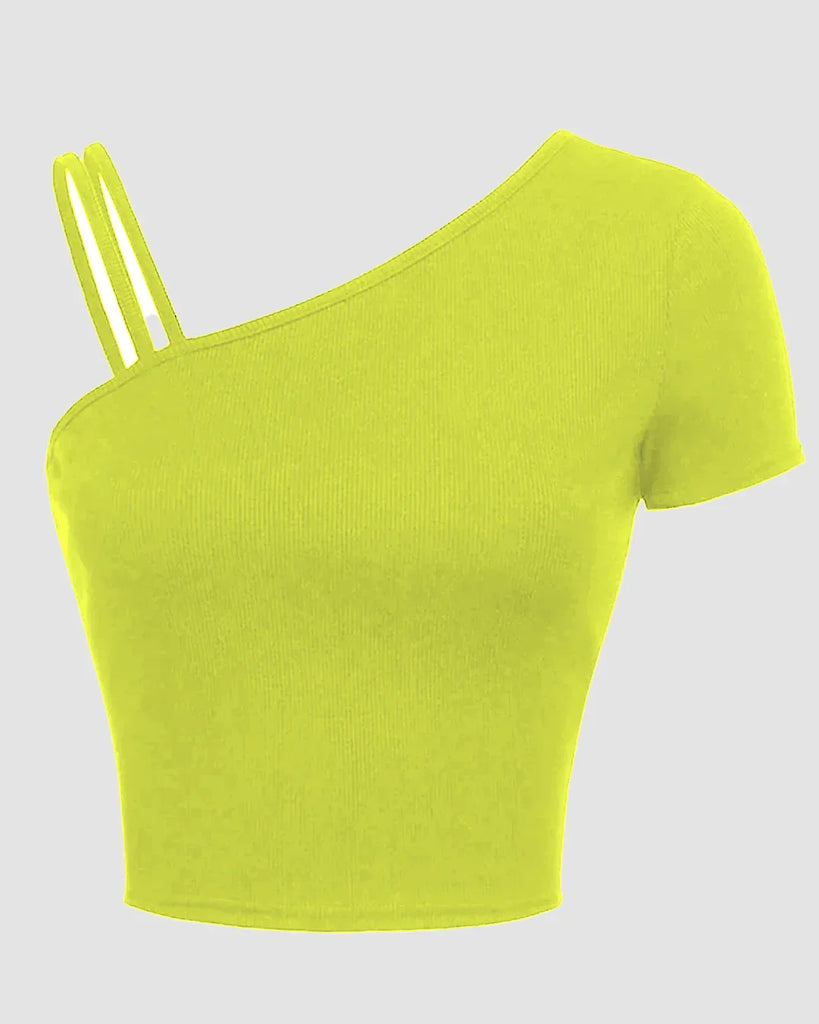 Lime green asymmetrical top with one shoulder strap, featuring a stylish neon design for a modern look.