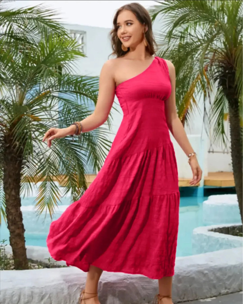 Cereal MINI POP TIERED DRESS/PINK One-Shoulder Tiered Midi Dress