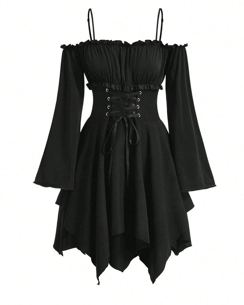 Open Shoulder Asymmetrical Hemline Dress In Black