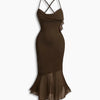 Mermaid Ruffle Trim Spaghetti Strap Mesh Dress Curve & Plus in Coco Brown