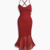 Mermaid Ruffle Trim Spaghetti Strap Mesh Dress Curve & Plus in Dark Red