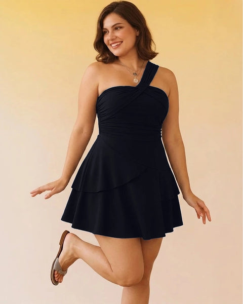 One Shoulder Asymmetrical Mini Dress Curve and Plus in Navy Blue
